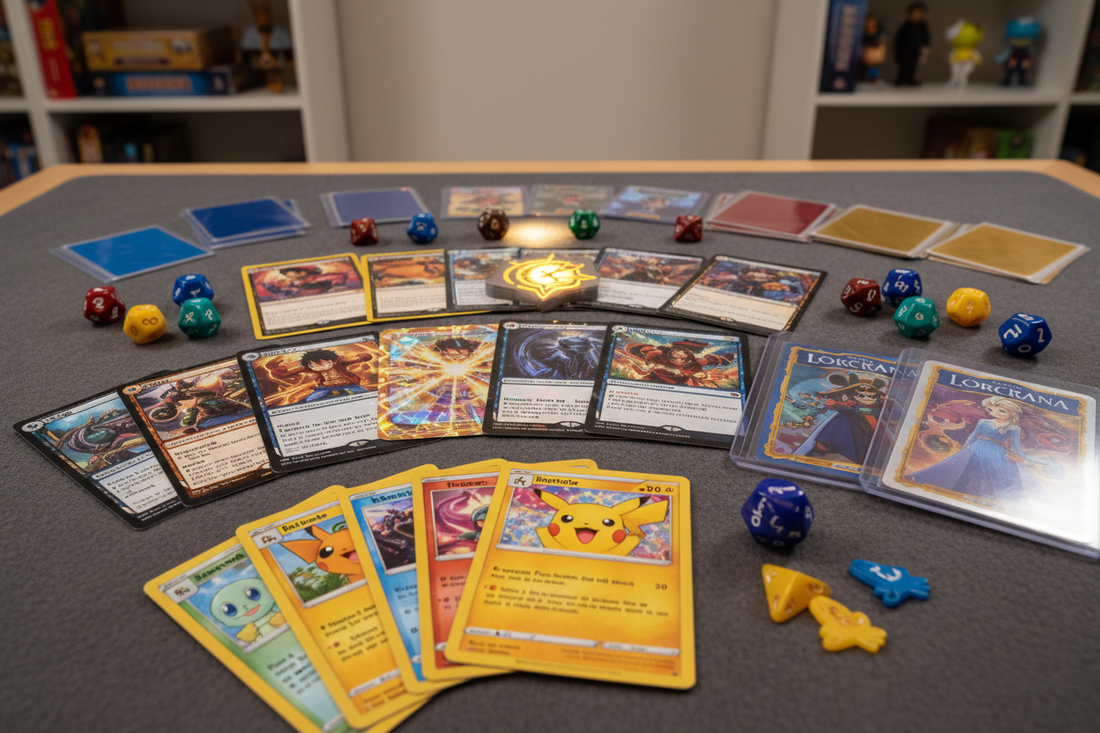 Collezione di Trading Card Game popolari: Pokémon, One Piece, Disney Lorcana e Magic The Gathering su tavolo da gioco