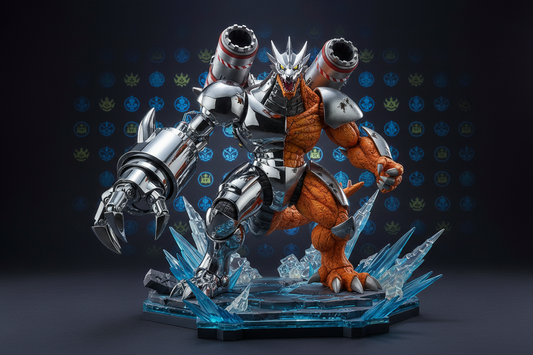 MetalGreymon action figure da collezione Digimon con armatura metallica cromata e artiglio cyborg