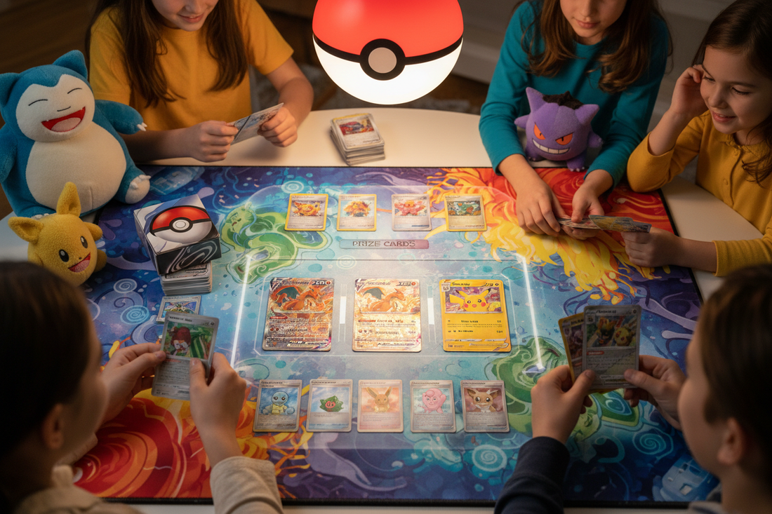 Pokémon TCG setup con carte Pikachu, Charizard, zona Attivo, Panchina, Carte Premio ed Energie su tavolo da gioco