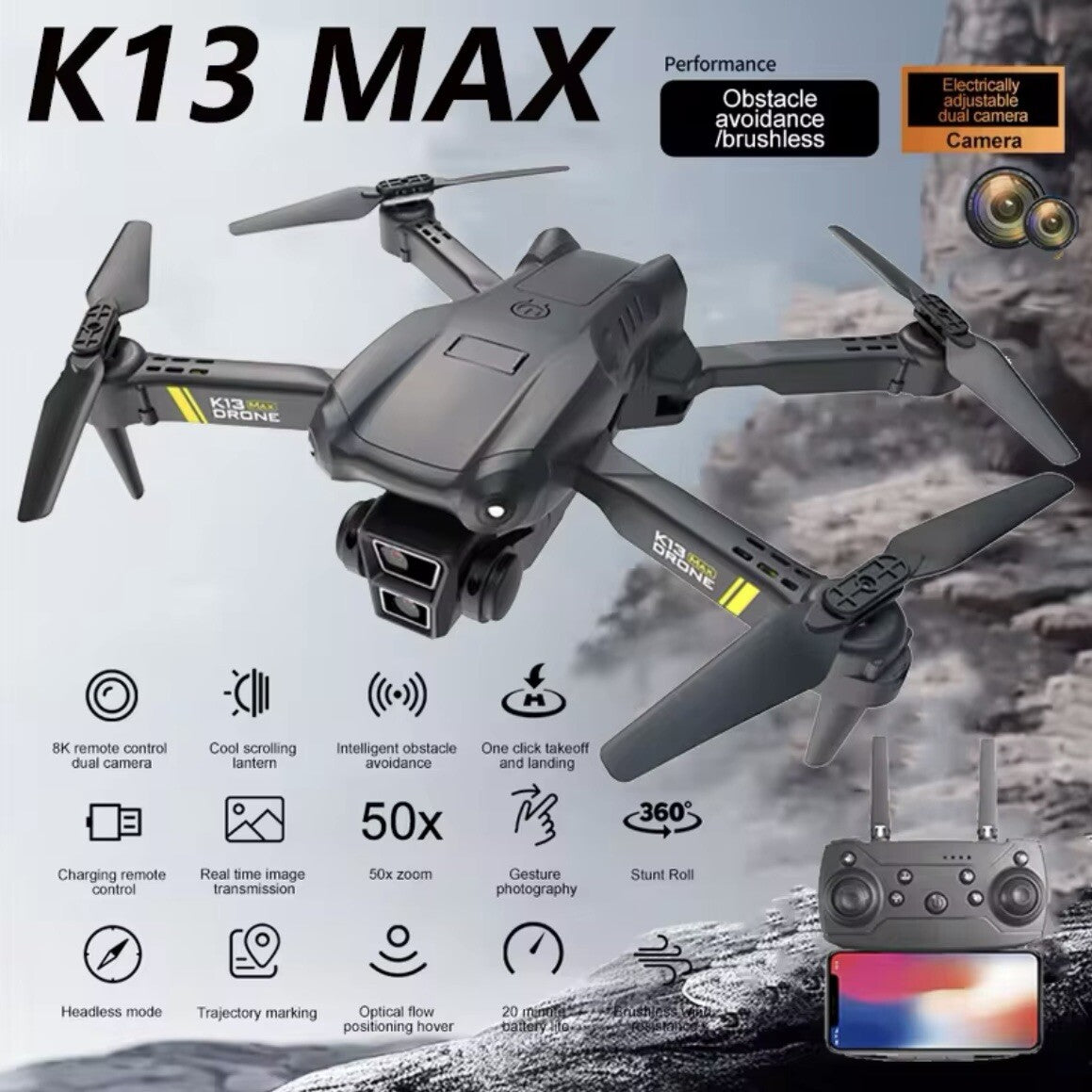 Drone K13 Max 4k Pieghevole Giocattolo HD Fotografia Gps Aerea Dual Camera Mini