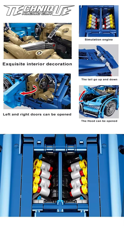 Bugatti Chiron Macchina Da Costruire Mattoncini Technic 1259 Pezzi Blu 35cm New