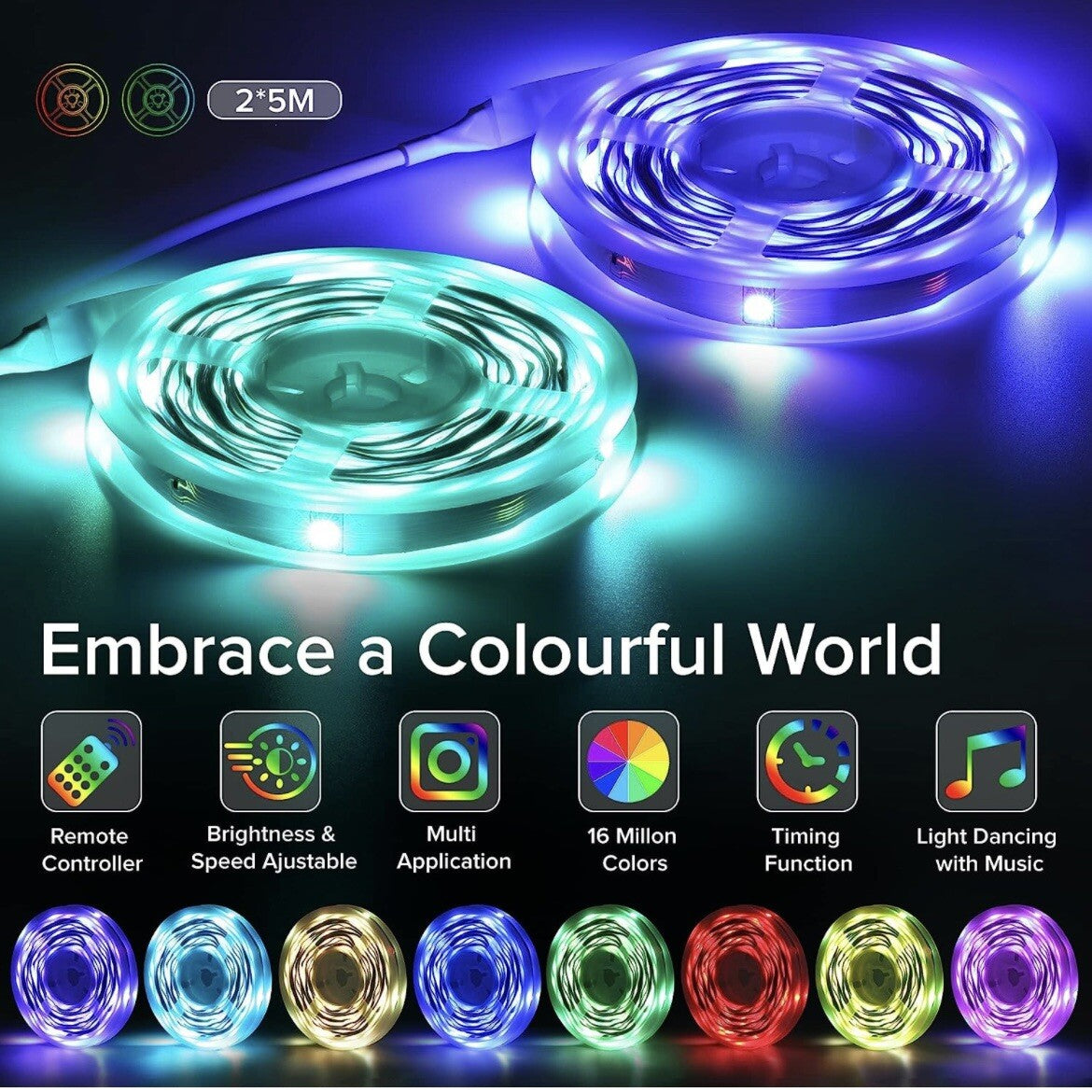 Striscia LED 10 Metri, Bluetooth RGB Smart 10M Con Telecomando, App Controllato,