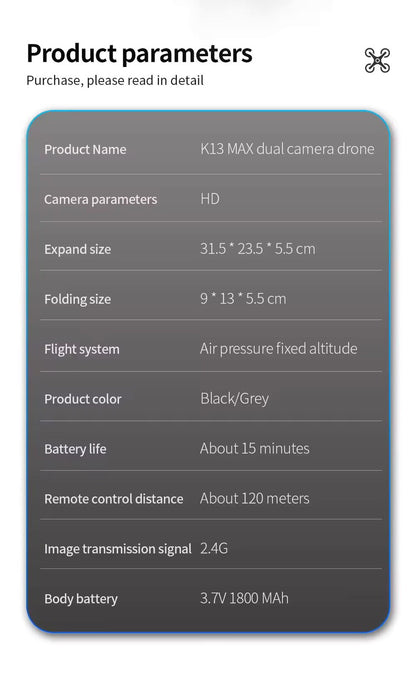 Drone K13 Max 4k Pieghevole Giocattolo HD Fotografia Gps Aerea Dual Camera Mini
